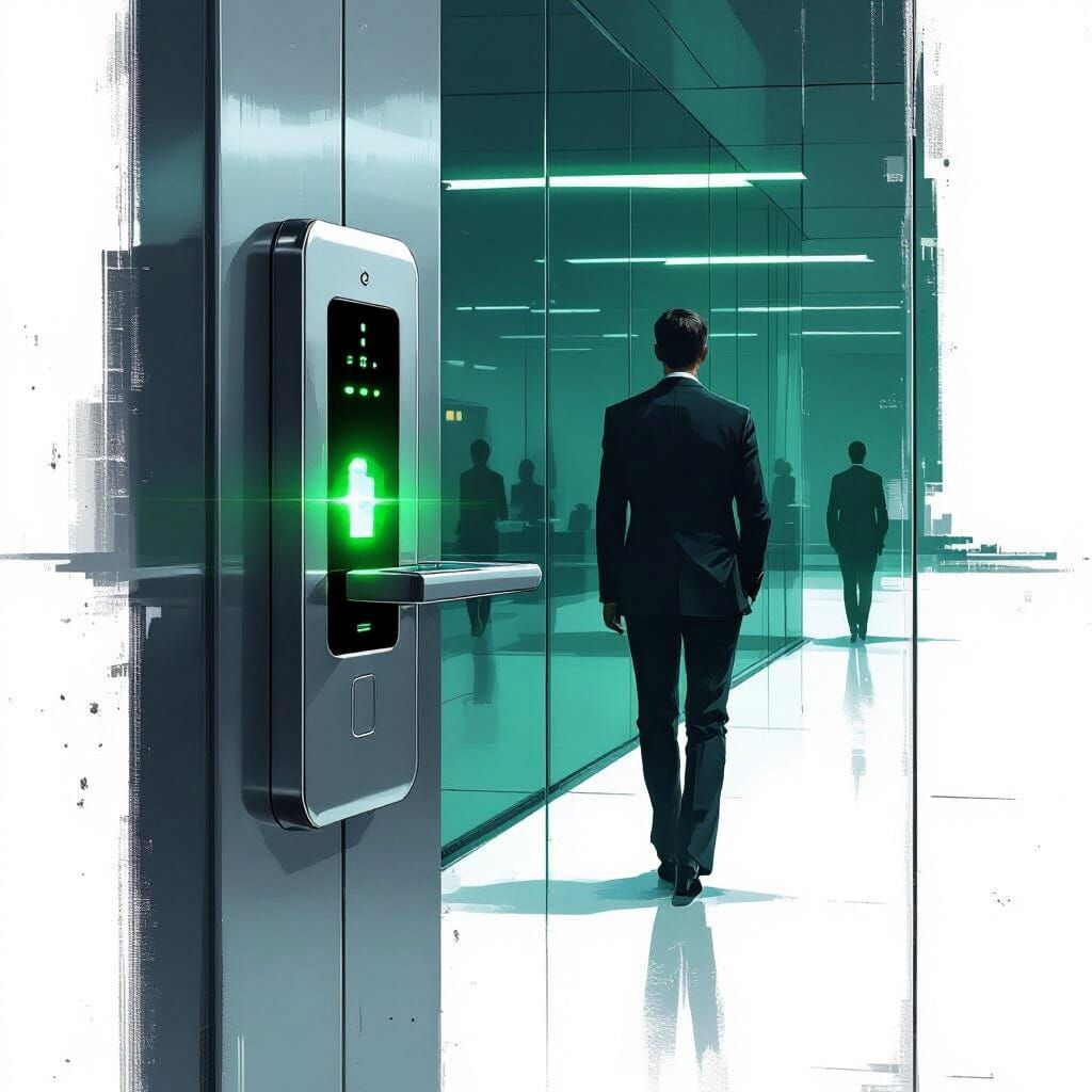 Sleek Office Door with Glowing Keycard Reader