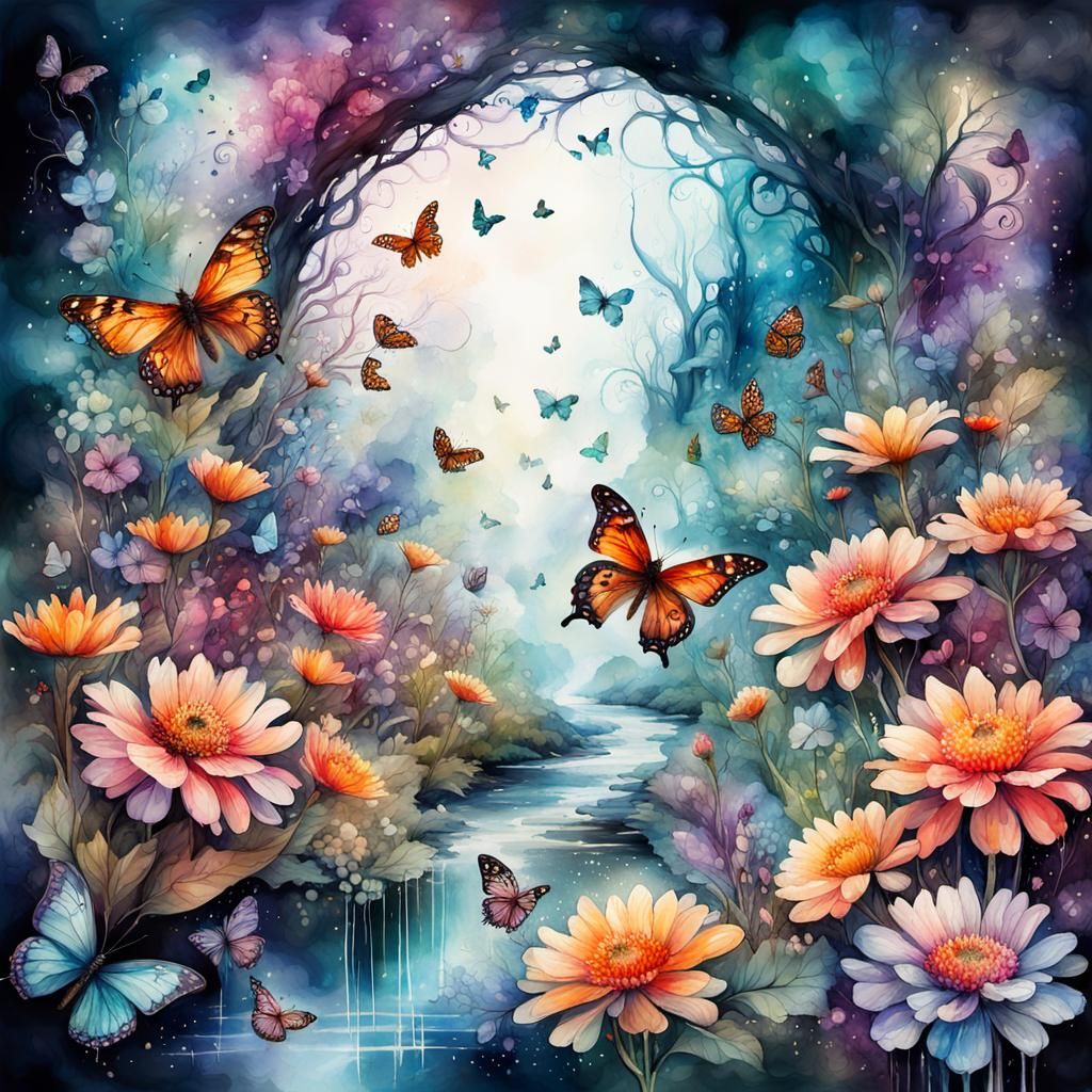 Magical Hidden Garden with Stream, Watercolour Illustration