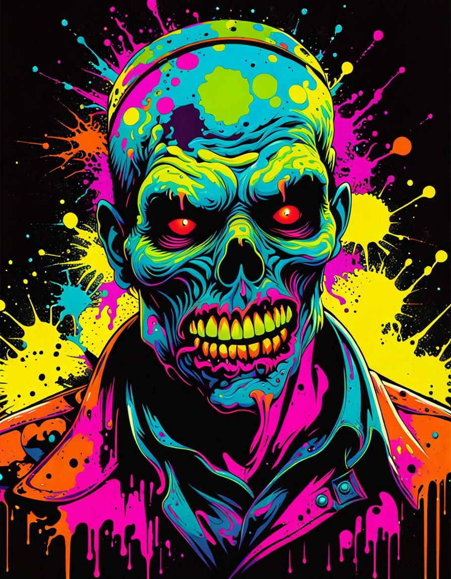 Neon Retro-Futuristic Zombie in Abstract Ink Splatter Art