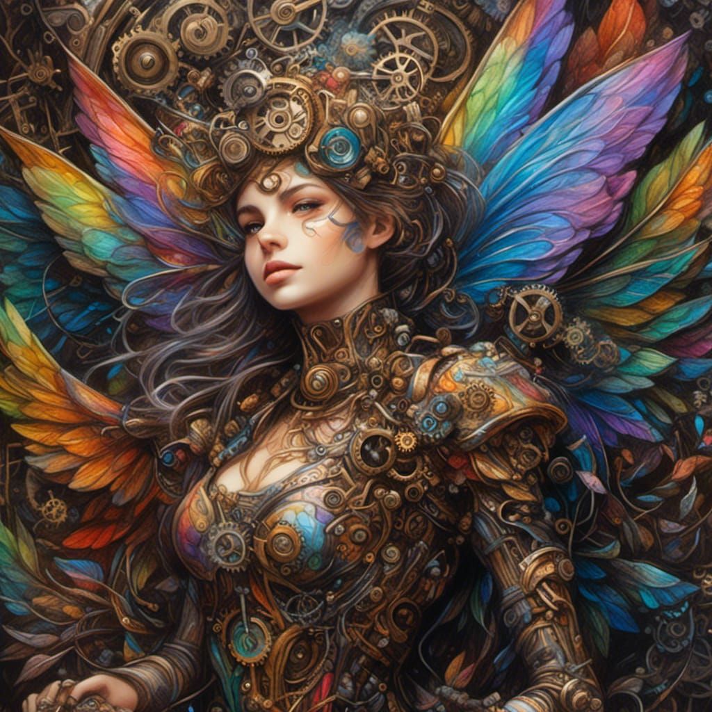 Steampunk Fae Portrait with Rainbow Flora