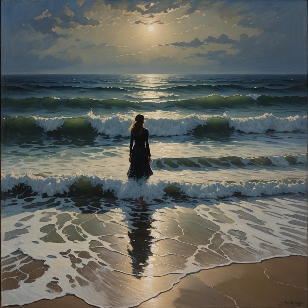 Surreal Seascape: A Figure Merging with the Ocean as Oil Pai...