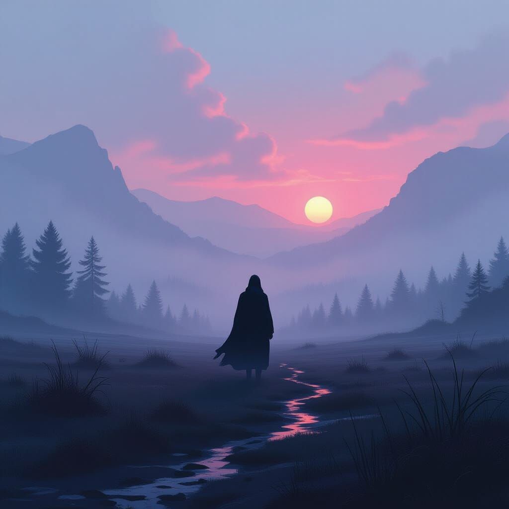 Surreal Mist Figure in Dreamlike Landscape