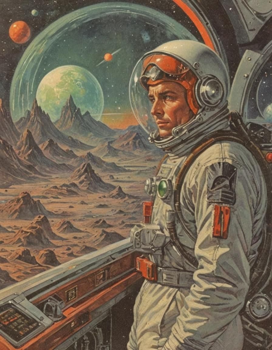 Retro Sci-Fi Book Cover: Alien Pilot in Space