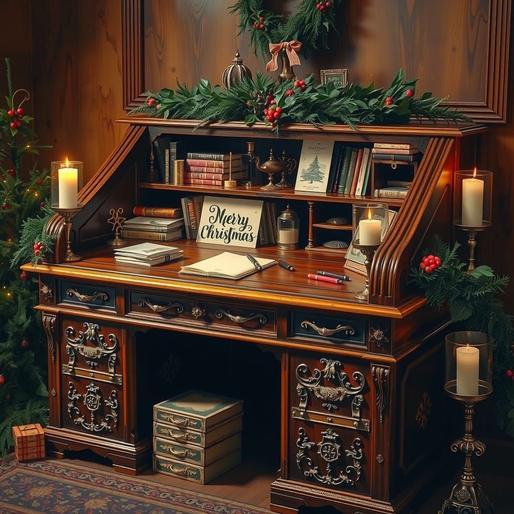 Vintage Christmas Desk Decorated with Festive Touches and El...