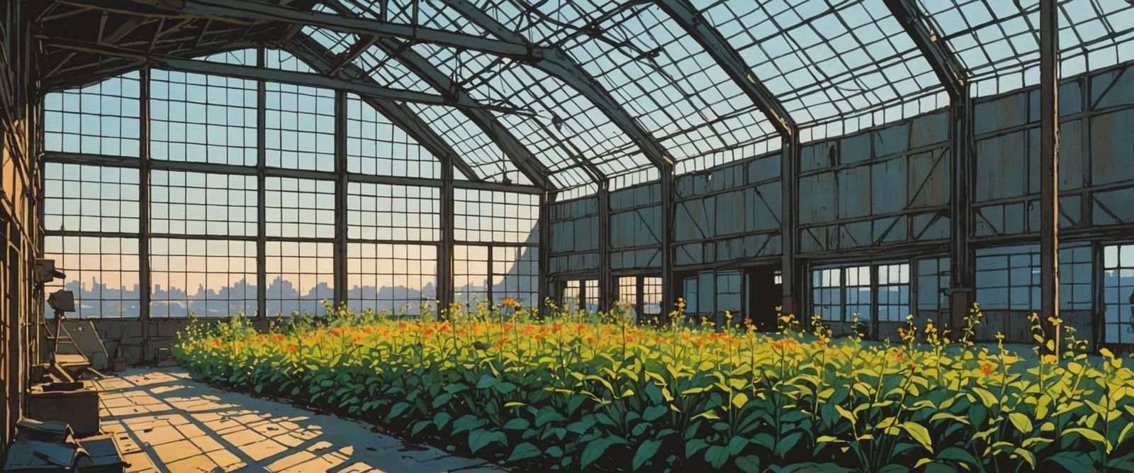 Abandoned Warehouse Oasis in Retro Comic Style