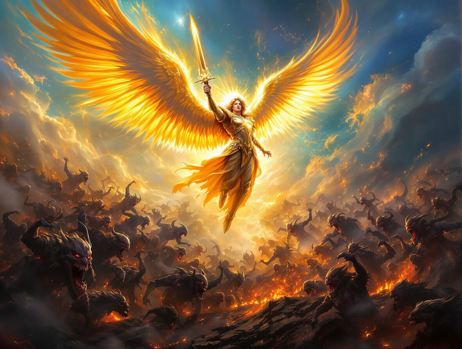 Archangel Battles Demons in Epic Digital Painting