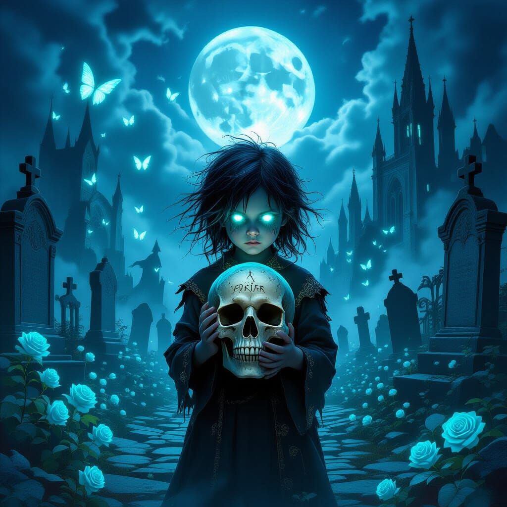 Dark Fantasy Child in Stormy Graveyard with Glowing Runes