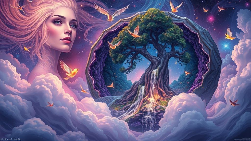 Ethereal Woman Amidst Cosmic Energy and Glowing Birds