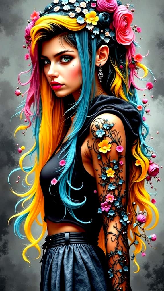 Gothic Portrait with Dark Flowers and Ultra-Details