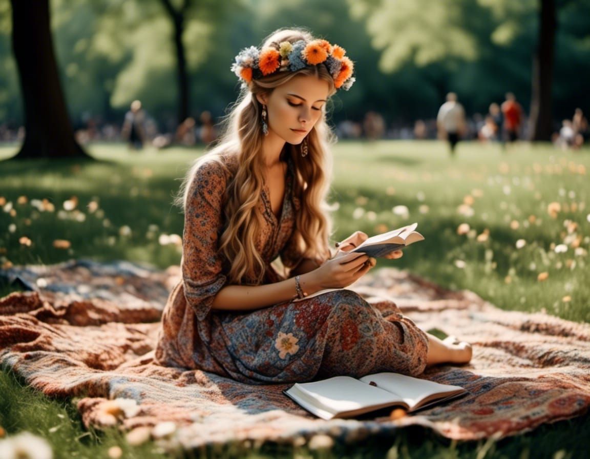 Beautiful Girl in Central Park, Hippie Style