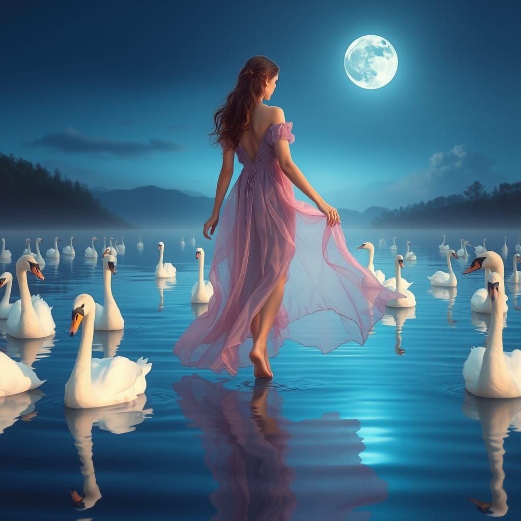 Ethereal Dreamwalker on Serene Lake, Swans in Mirrored Effec...