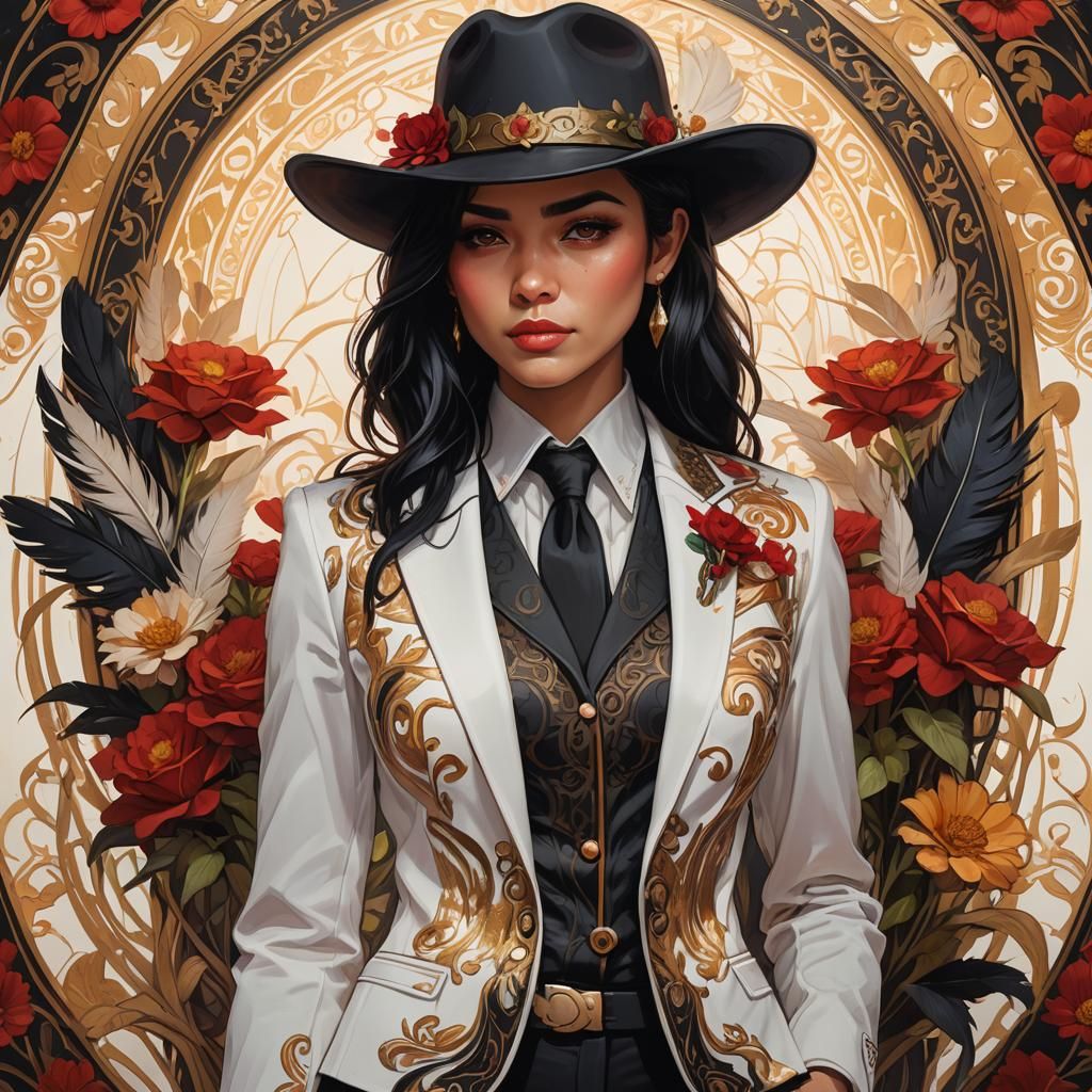 Girl in Suit with Cowboy Hat, Art Nouveau Style