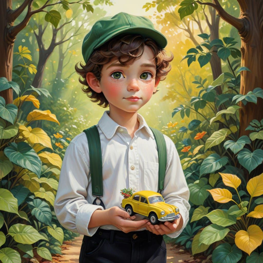 Whimsical Boy in Sunlit Landscape with Lush Foliage