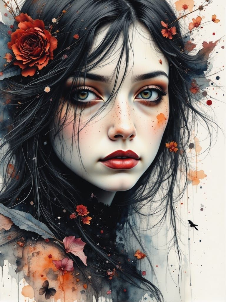 Ethereal Goth Woman in Watercolor and Alcohol Ink