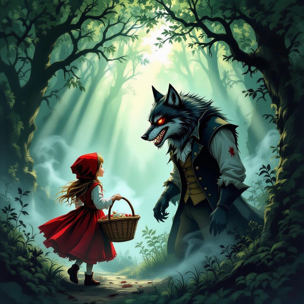 Red Riding Hood Meets Cunning Wolf in Dark Forest