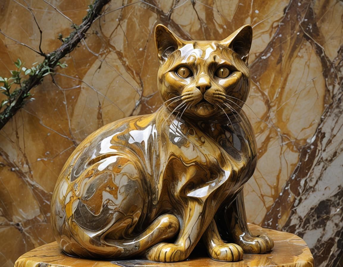 Minimalist Marble Sculpture of a Cat with Mobius Head