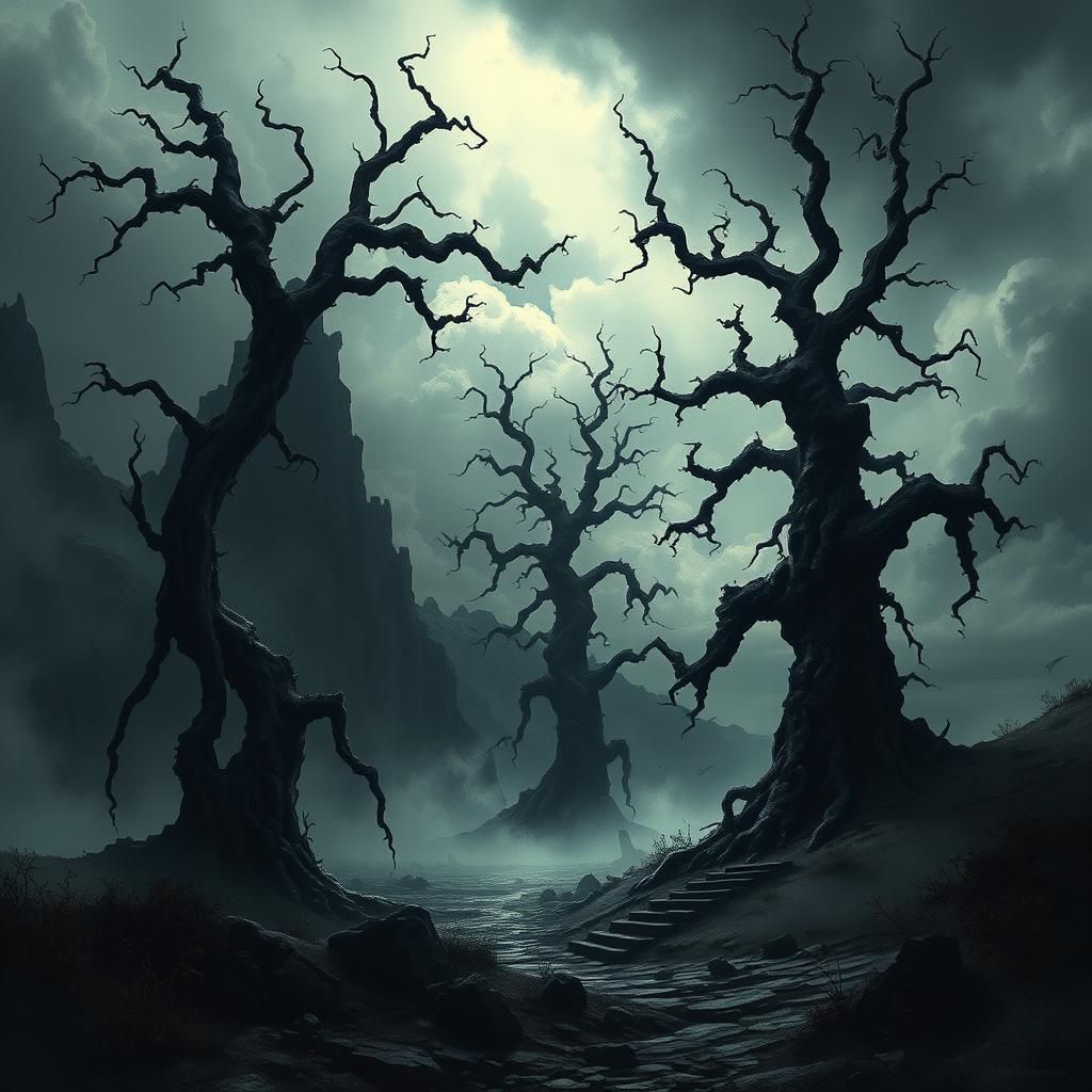 Ominous Dark Fantasy Landscape with Gothic Trees