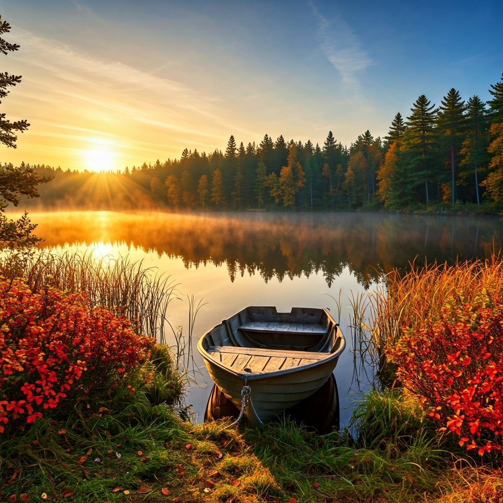 Serene Autumn Lake Sunrise with Golden Light and Rowboat