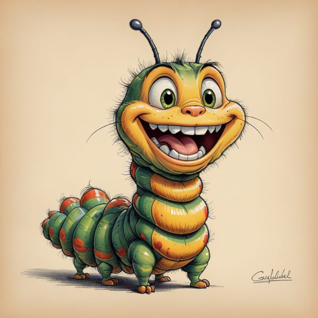 Excited Caterpillar Caricature in 1950s Cartoon Style