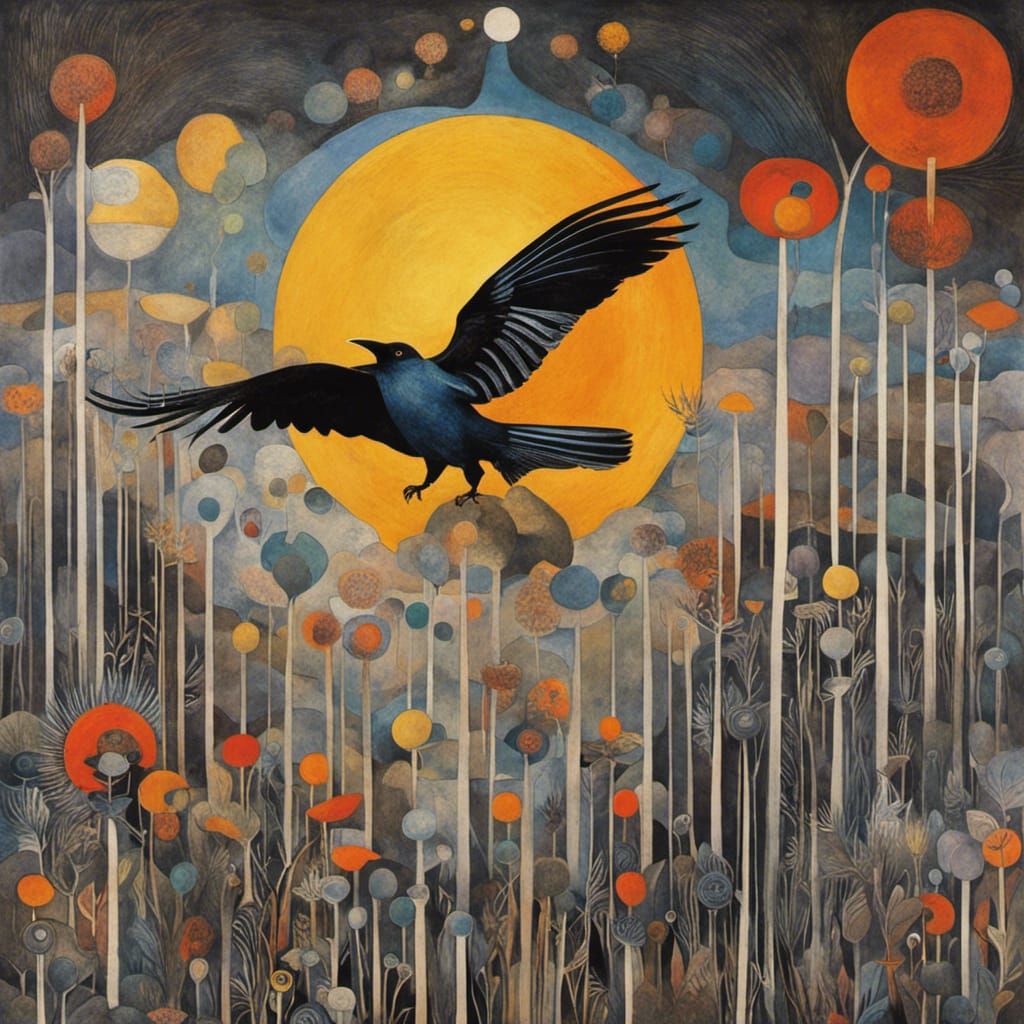 Native American Crow Woman's Surreal Dandelion Flight