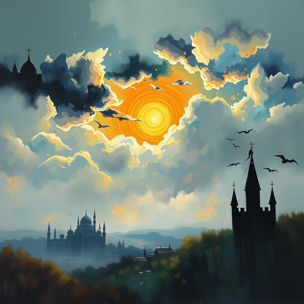 Medieval City Skyline in Neo-Impressionism Style