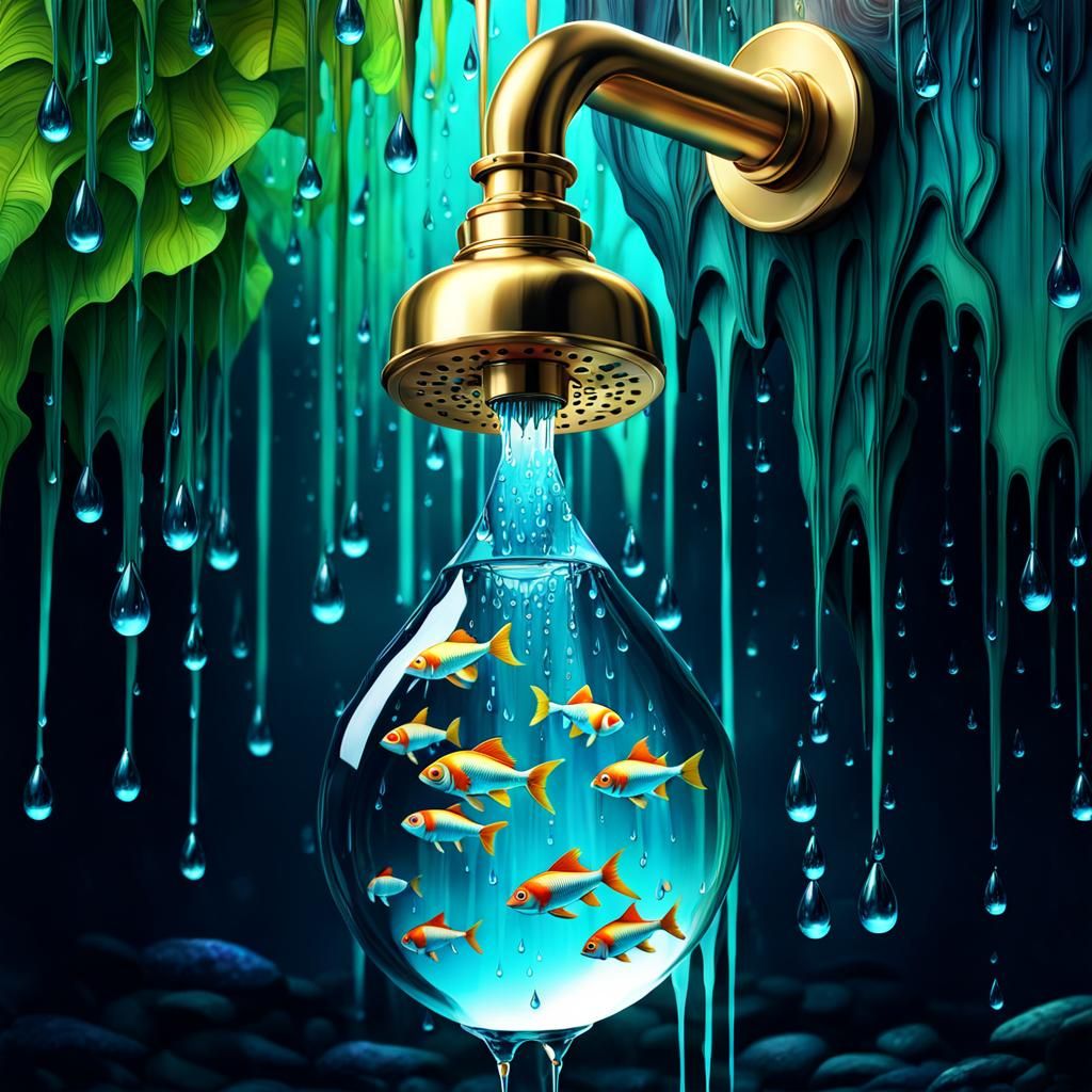 Fantasy Faucet with Fish Droplets in Digital Art
