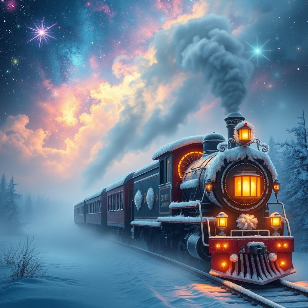 Ethereal Snow Train Chugs Through Cosmic Winter Wonderland