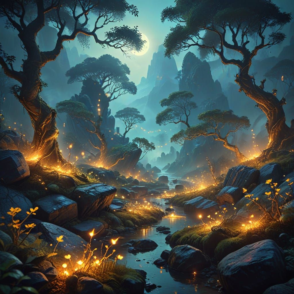 Surreal East Asian Night Landscape with Glowing Fireflies
