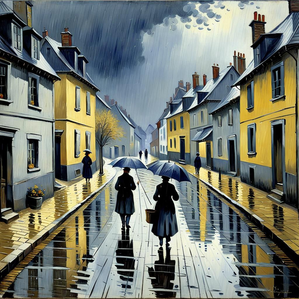 Rainy Village Street Scene in Impressionist Style