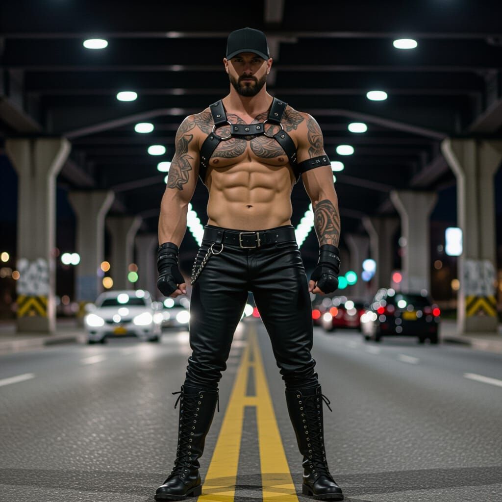 Confident Man in Leather Harness, City Street Night