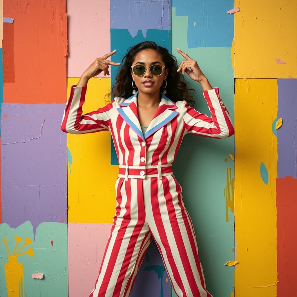 Whimsical Pop Art Beauty in Fitted Candy Stripe Suit