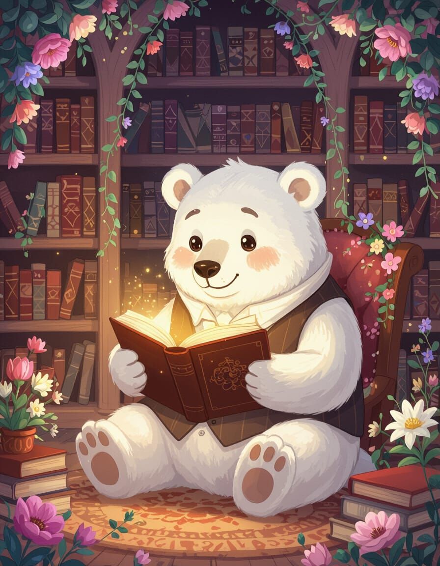 Whimsical Polar Bear Reading in a Flower-Filled Library
