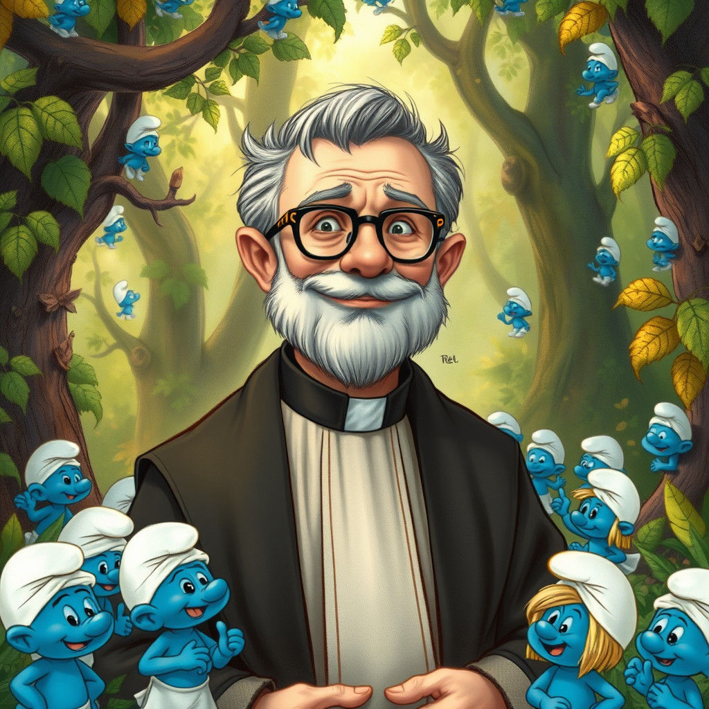 Pastor Among Smurfs in Enchanted Forest, Rackham Style