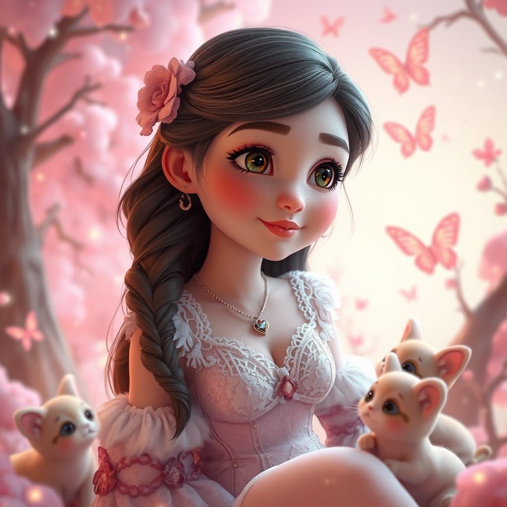 Dreamy Woman in Whimsical World: 3D Digital Art