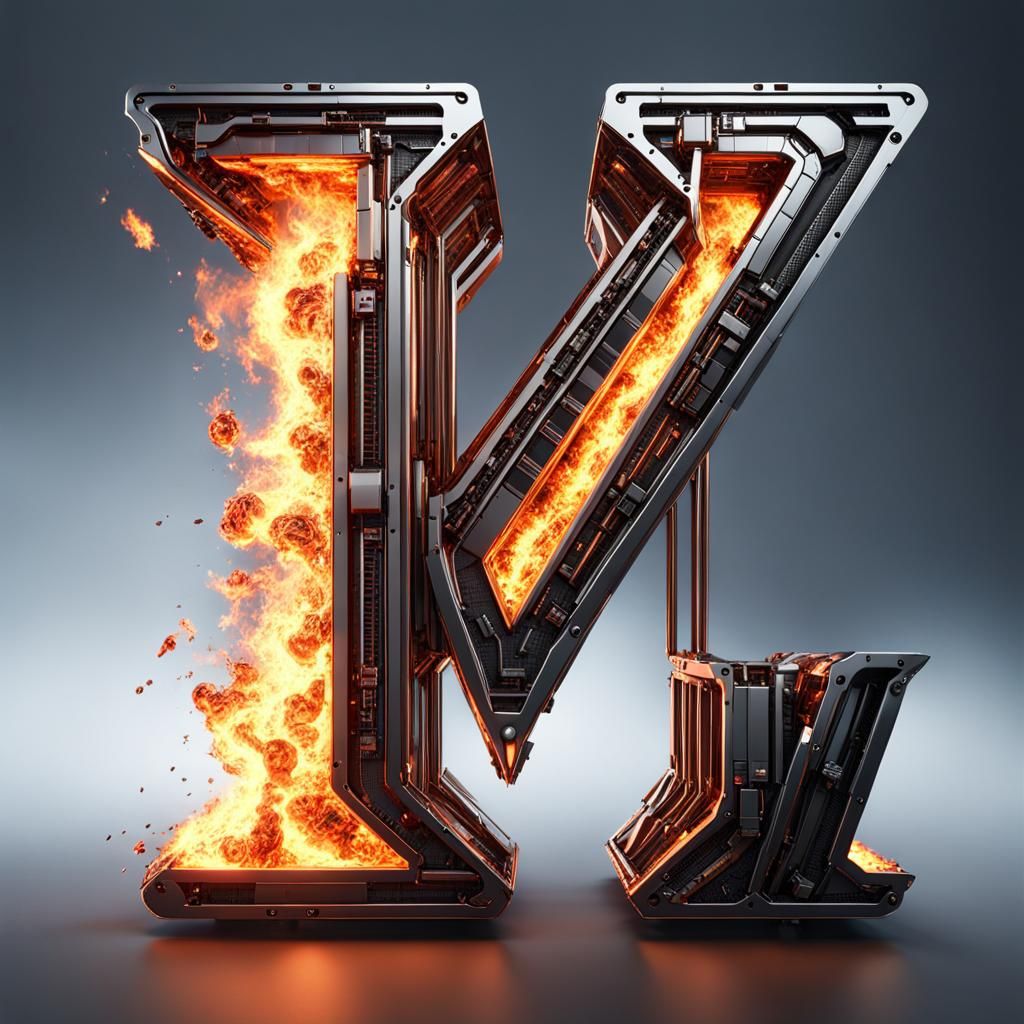 Fiery Letter V with Mech Details in Sci-Fi Style