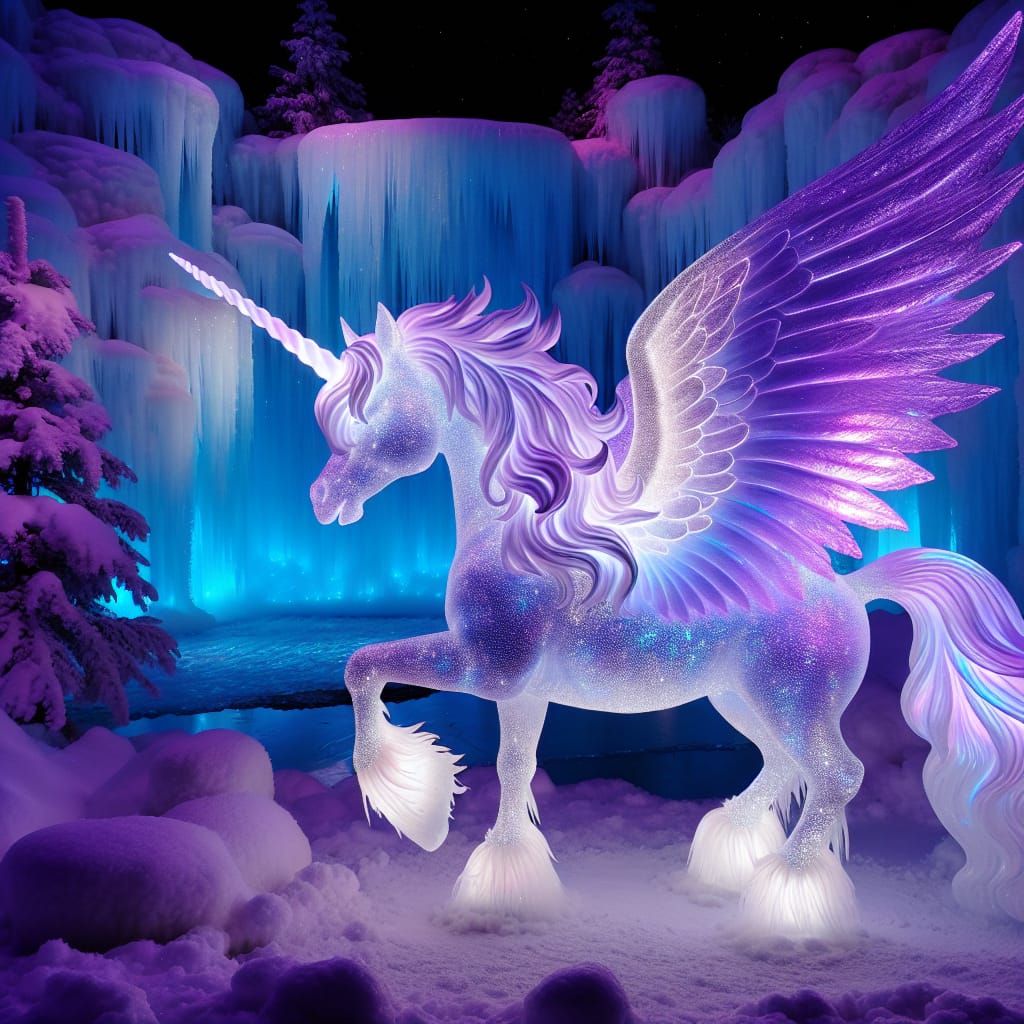 Unicorn with Iridescent Wings in Winter Landscape