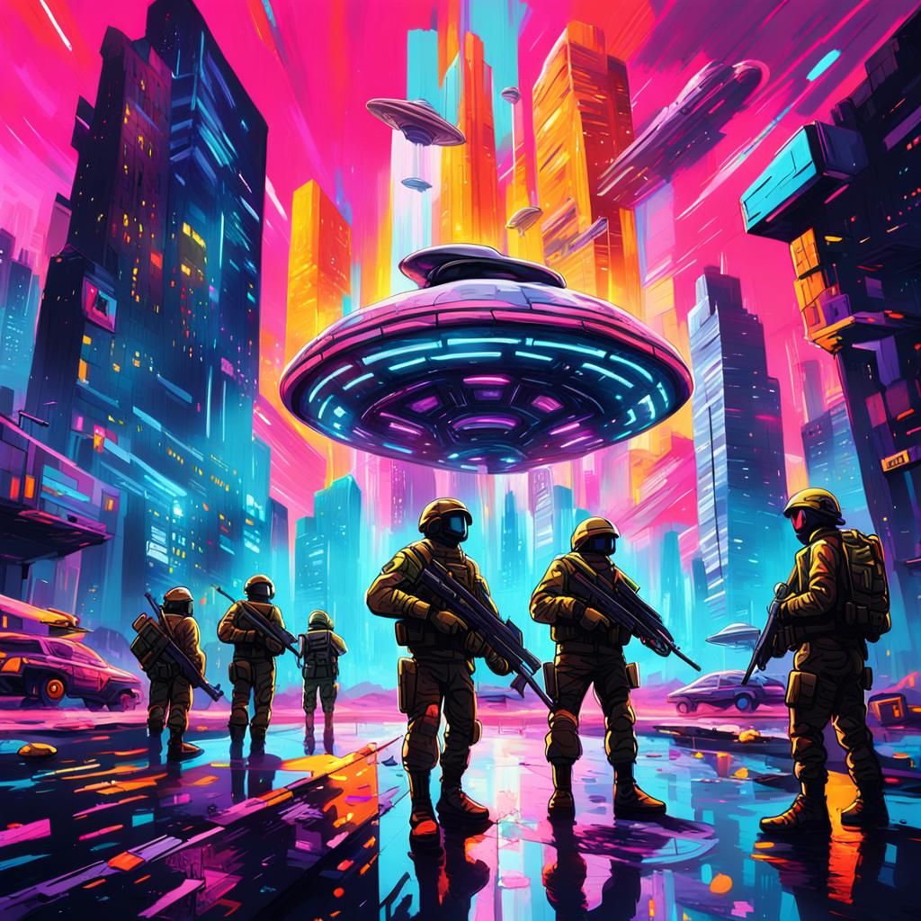 City Defense Against UFO in Graffiti Art Style