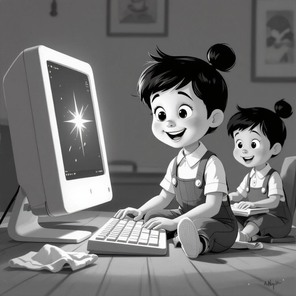 Pixar-Style Black and White Cartoon of a Child at a Computer