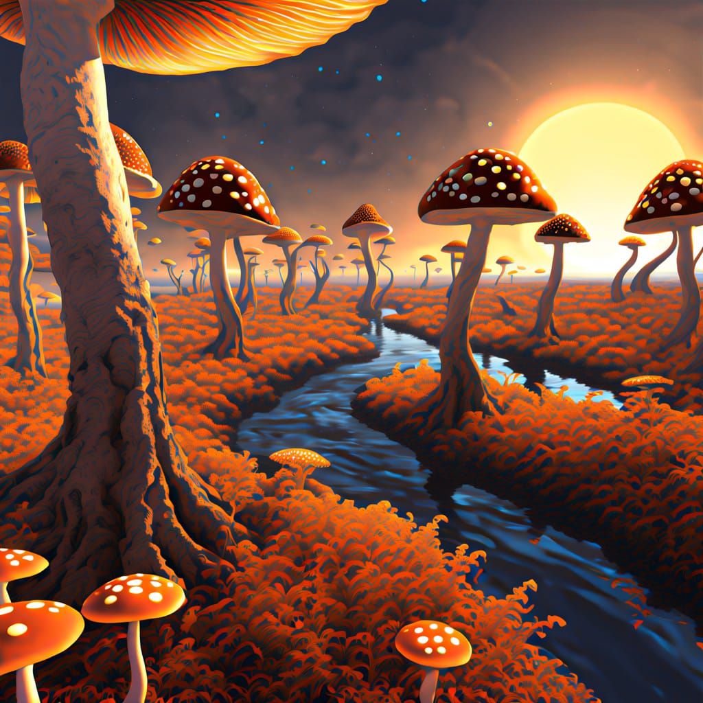 An ecclectic mystical forest of mushrooms hyper surreal flow...
