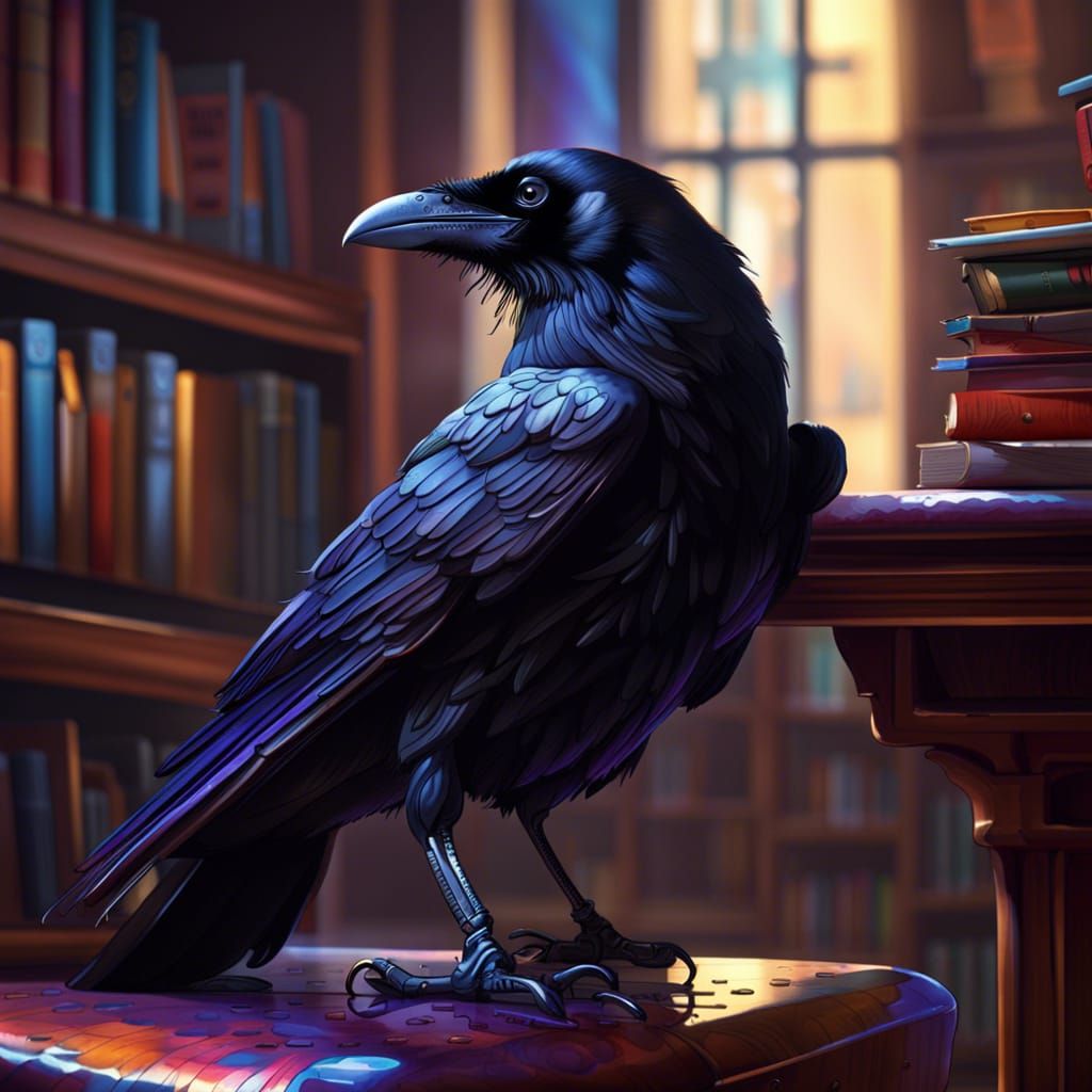 Raven in Library: Hyperrealistic Splash Art