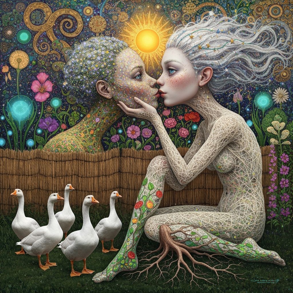 Folkloric Robot & Twins in Surreal Eco-Garden, 1920s Style