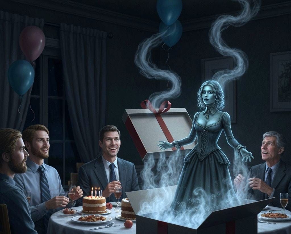 Bioluminescent Ghost Emerges from Gift Box in Dark Room