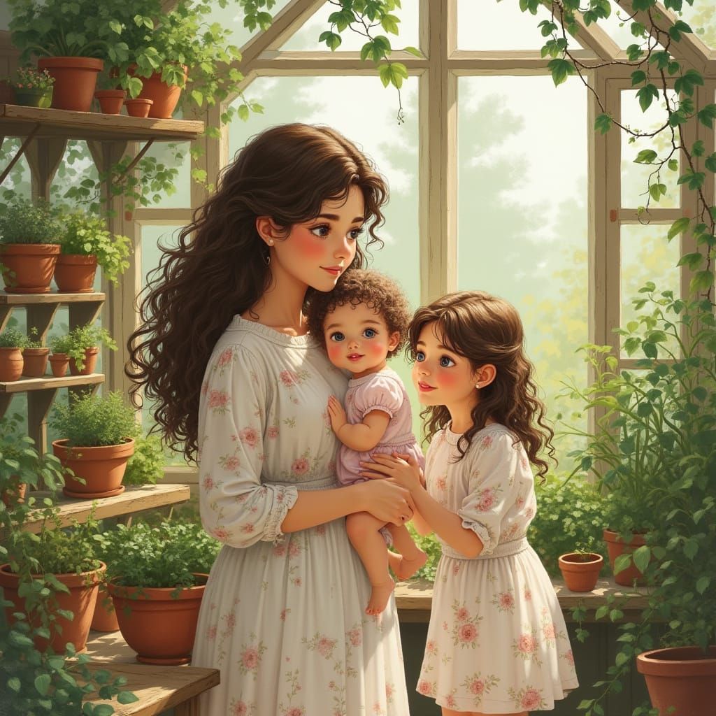 Cozy Greenhouse Scene in Watercolor Style