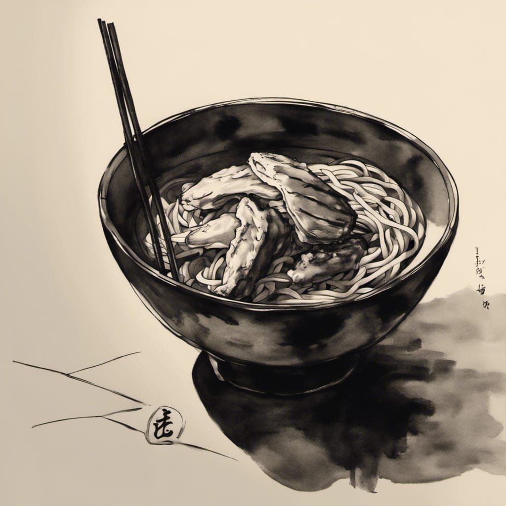 Zen Monk Enjoys Ramen: Sumi-e Ink Painting