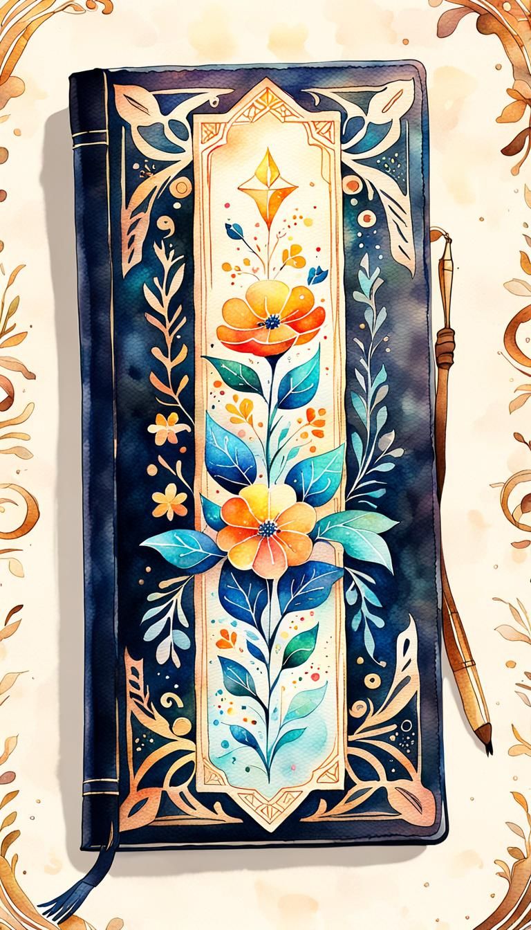 Watercolor Bookmark with Geometric Floral Ornament
