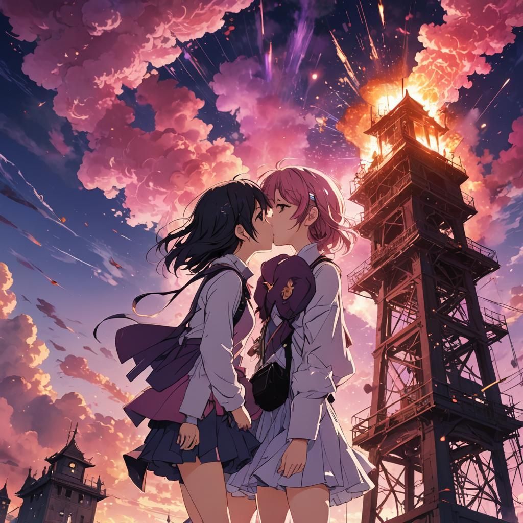 Anime Girls Kissing with Explosion: Manga Key Visual