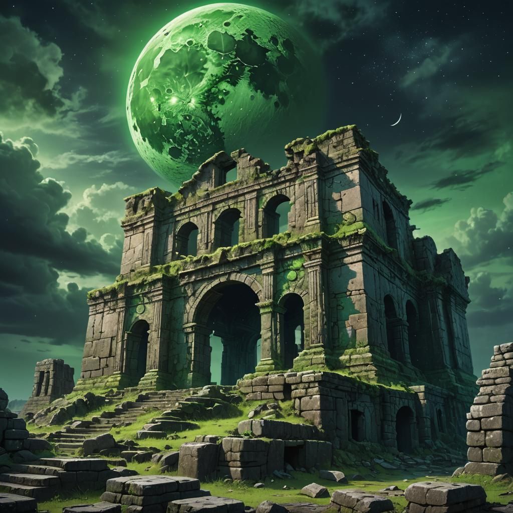 Green Moonlit Ruins in Hyperrealistic Splash Art