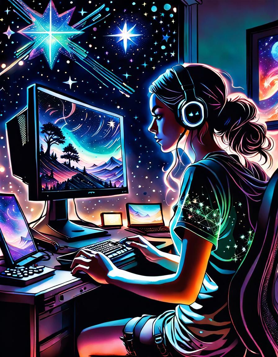 Dual Exposure: Gamer Girl in a Starry Night