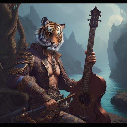 Tiger Pirate Bard in Detailed Matte Painting Style