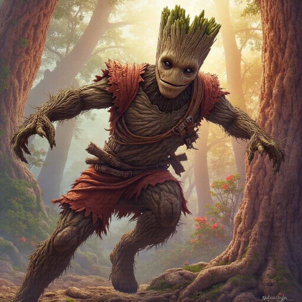 Groot in Dramatic Action Pose with Wood Textures